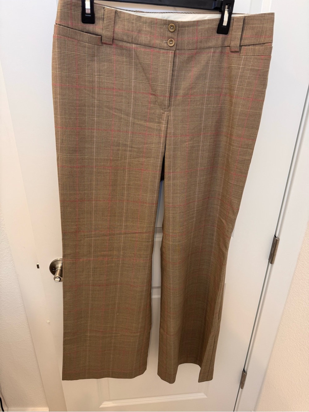 Express Wide Leg Plaid Pants in Tan with Pink Windowpane